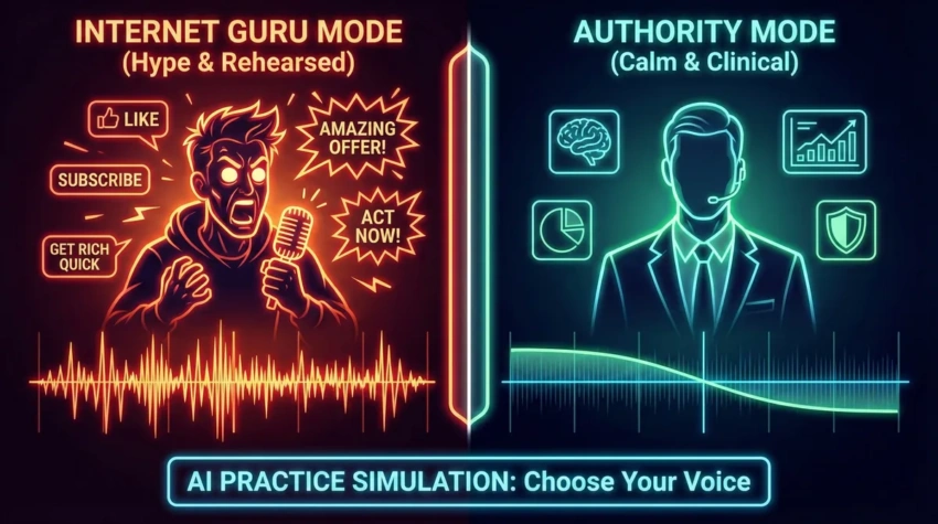 The AI Simulation Goal: Guru Mode vs. Authority Mode Split screen comparison showing a hype-driven internet guru versus a calm behavioral engineering script expert