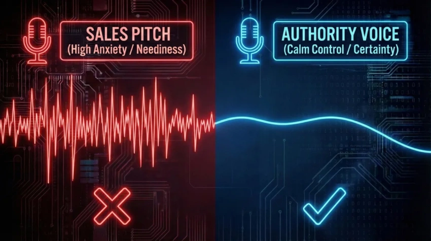 Sales Pitch vs. Authority Voice Audio wave comparison of a nervous sales pitch versus a calm authority voice