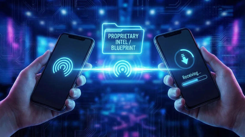 transferring a proprietary blueprint via AirDrop Two smartphones transferring a proprietary blueprint via AirDrop to build trust