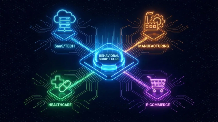 Universal Application: One Logic, Many Niches Futuristic diagram showing the behavioral engineering script core logic connecting to SaaS, manufacturing, and healthcare sectors