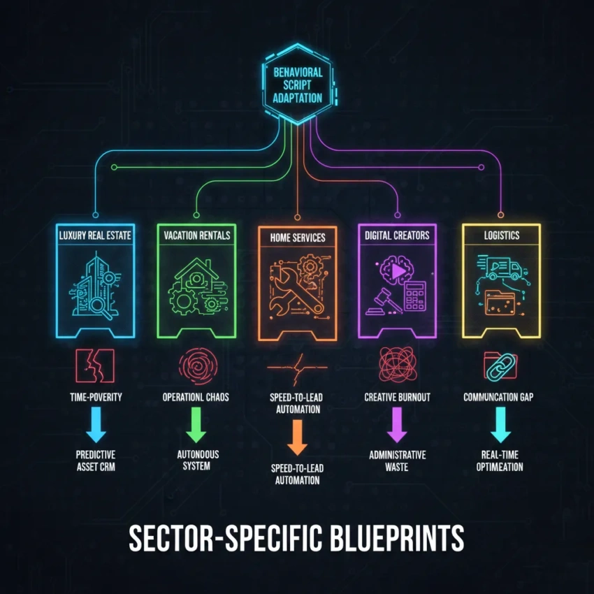 Sector-Specific Blueprints: Adapting the Core Infographic showing the behavioral engineering script adaptation for luxury real estate, vacation rentals, home services, digital creators, and logistics
