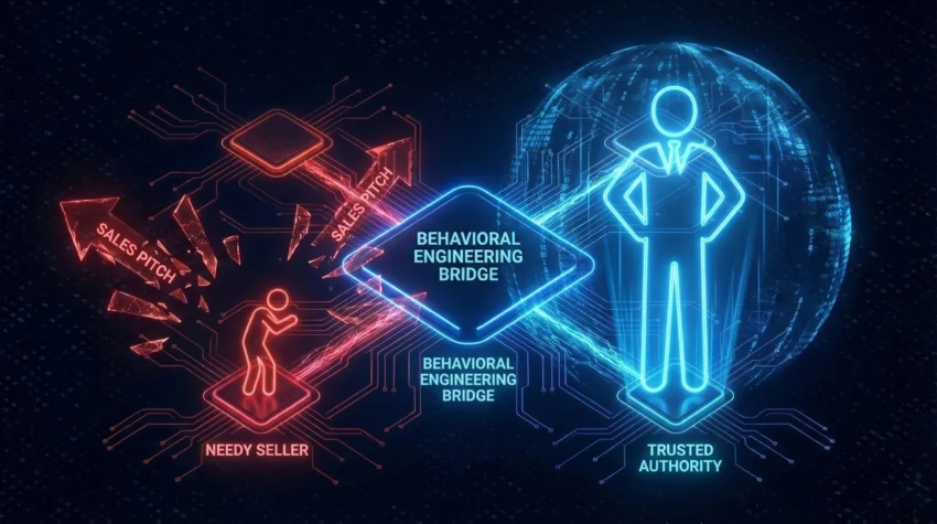 Crossing the Bridge: From Pitch to Prescription A glowing bridge visualizing the transition from a needy seller to a trusted authority using the behavioral engineering script